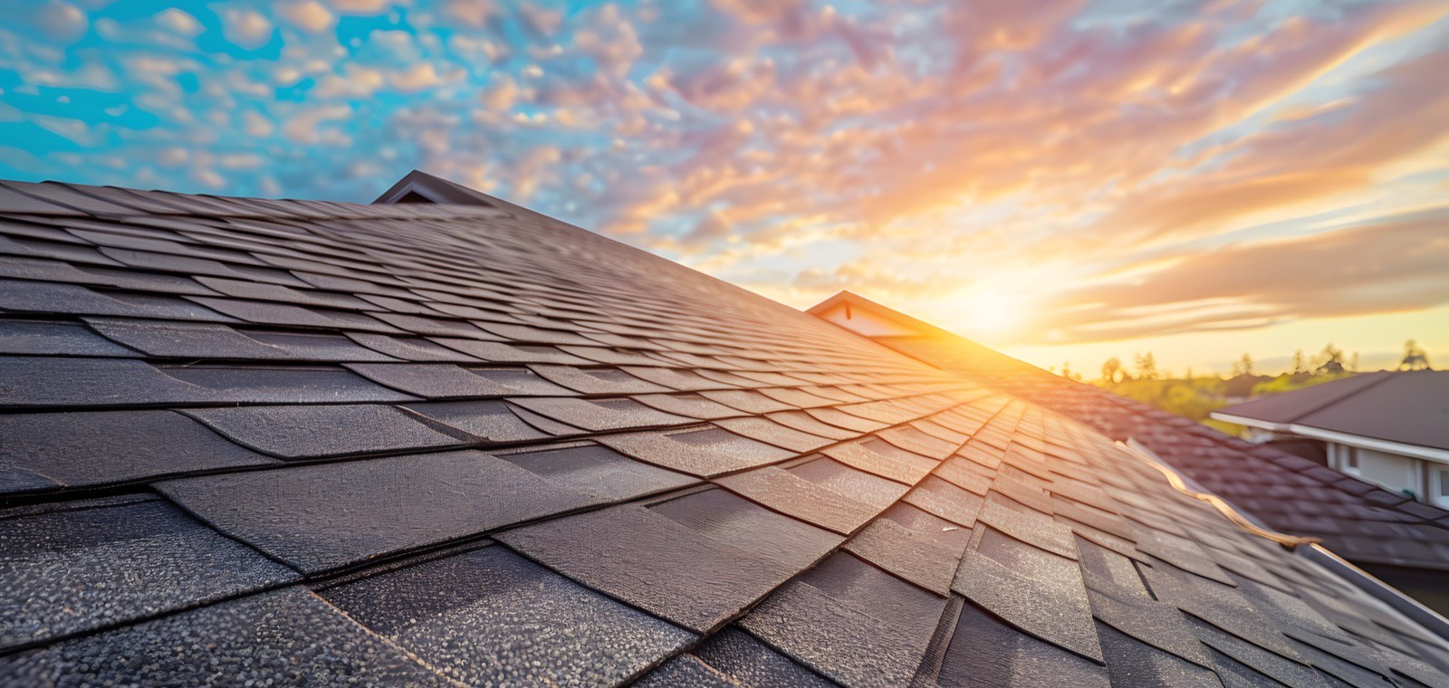 Architectural shingle roof at sunset on a Long Island home
