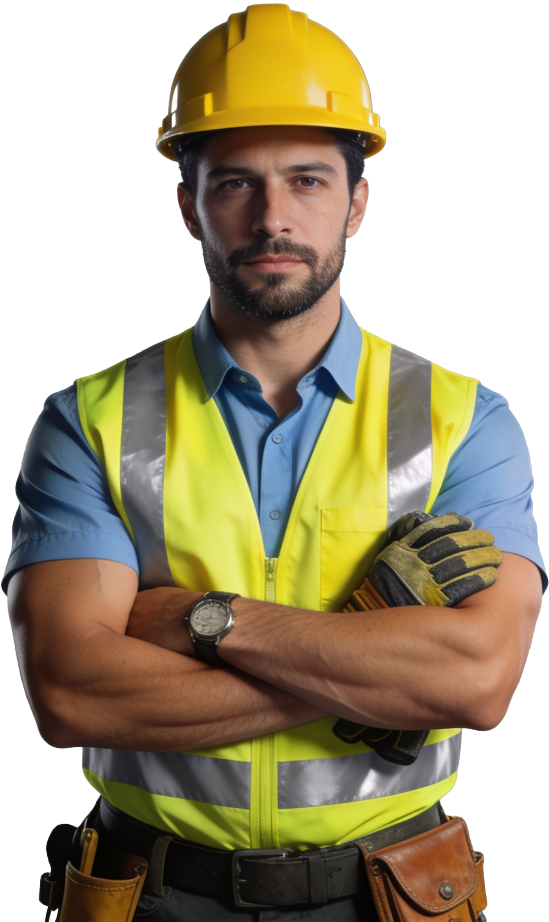 Cape Construction Co roofer in a hard hat and safety vest, arms folded