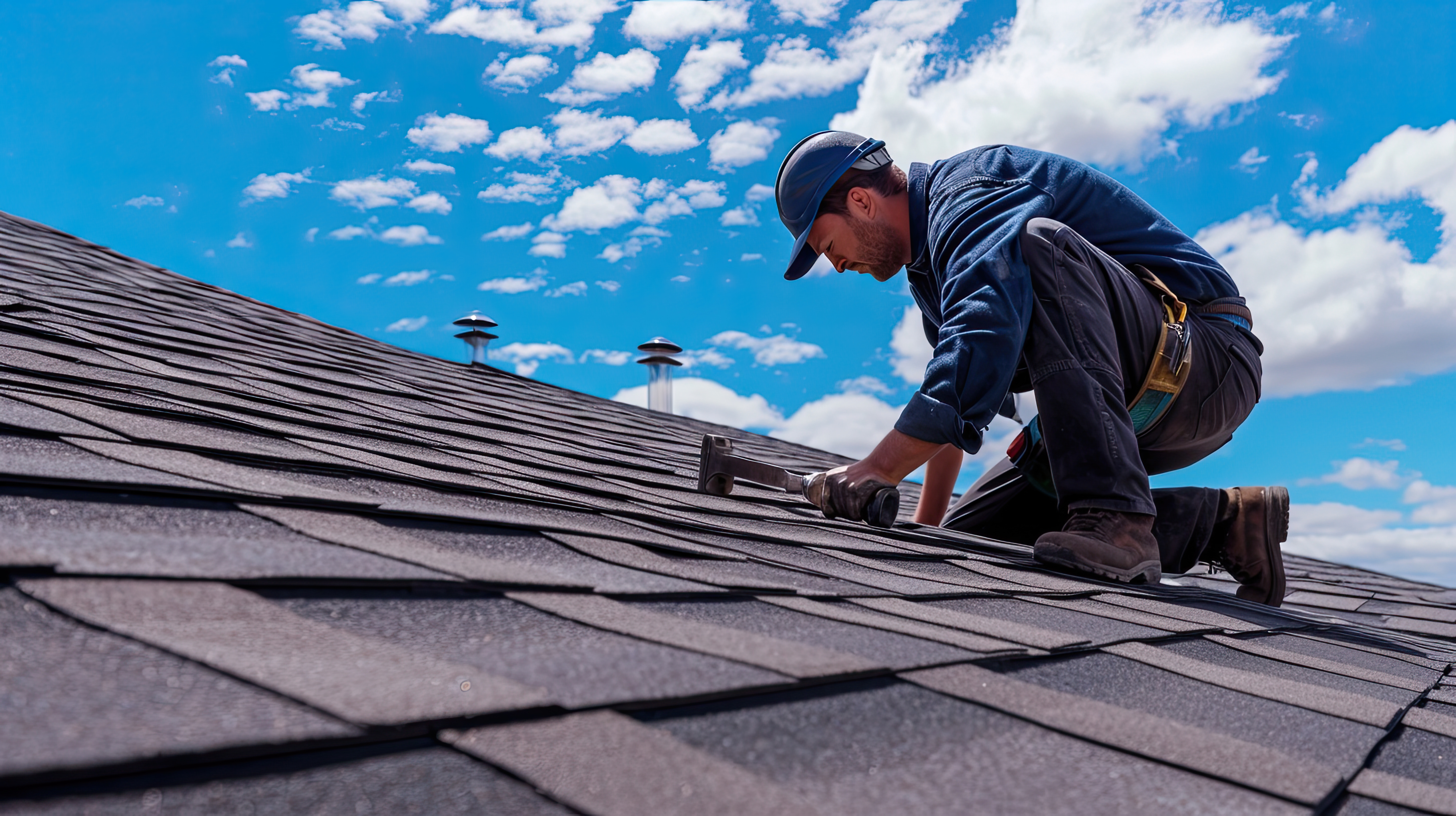 Roofer installing a new roof with a power drill on a Long Island home