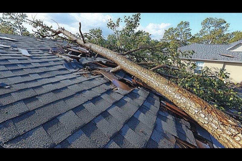 Storm-damaged roof needing emergency repair