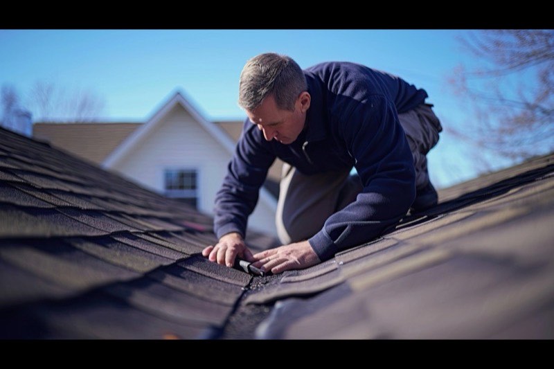 Water-stained roof section being inspected for the source of a leak